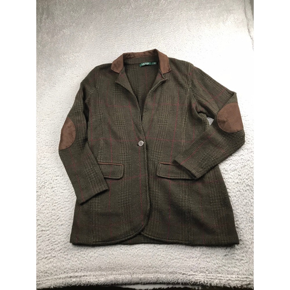 LRL Ralph Lauren Blazer Women L Green Plaid Wool Cashmere Elbow Patch Jacket